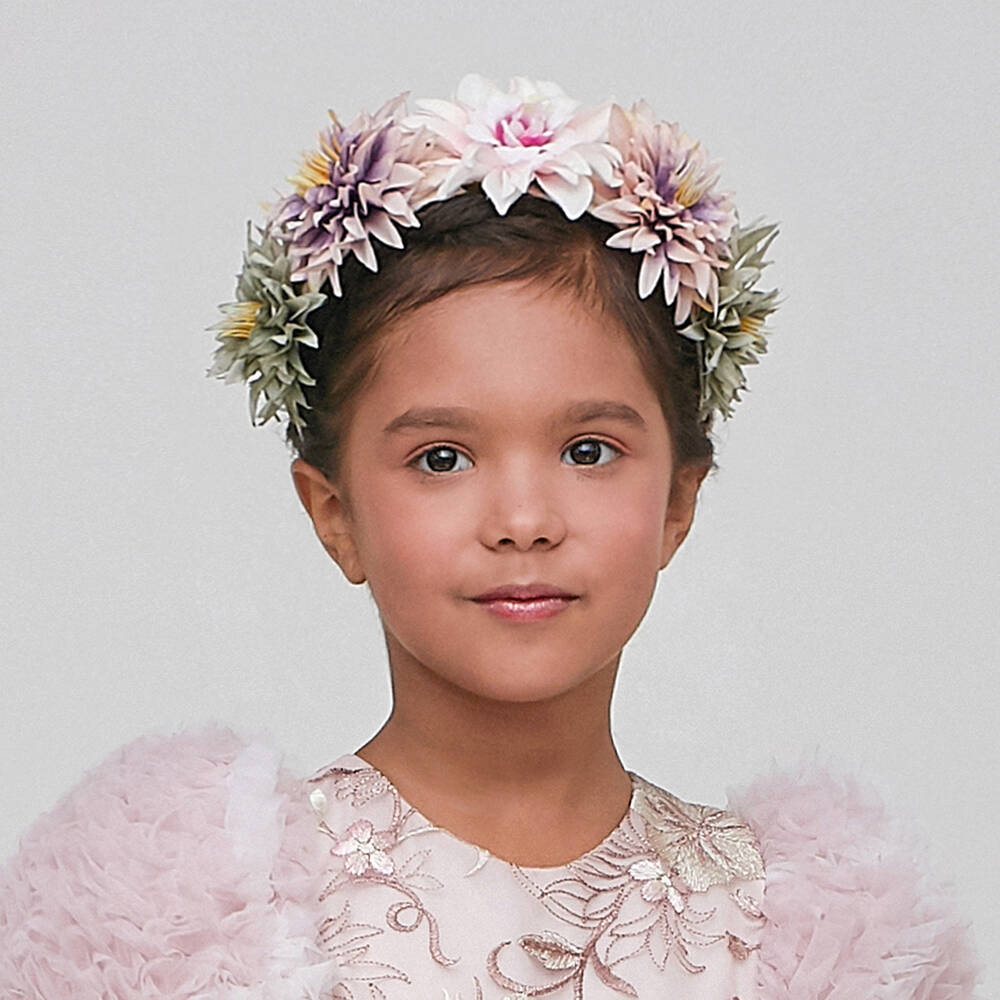 غراتسي-طوق للشعر ساتان لون عاجي وزهري مطرز بورود | Childrensalon Outlet