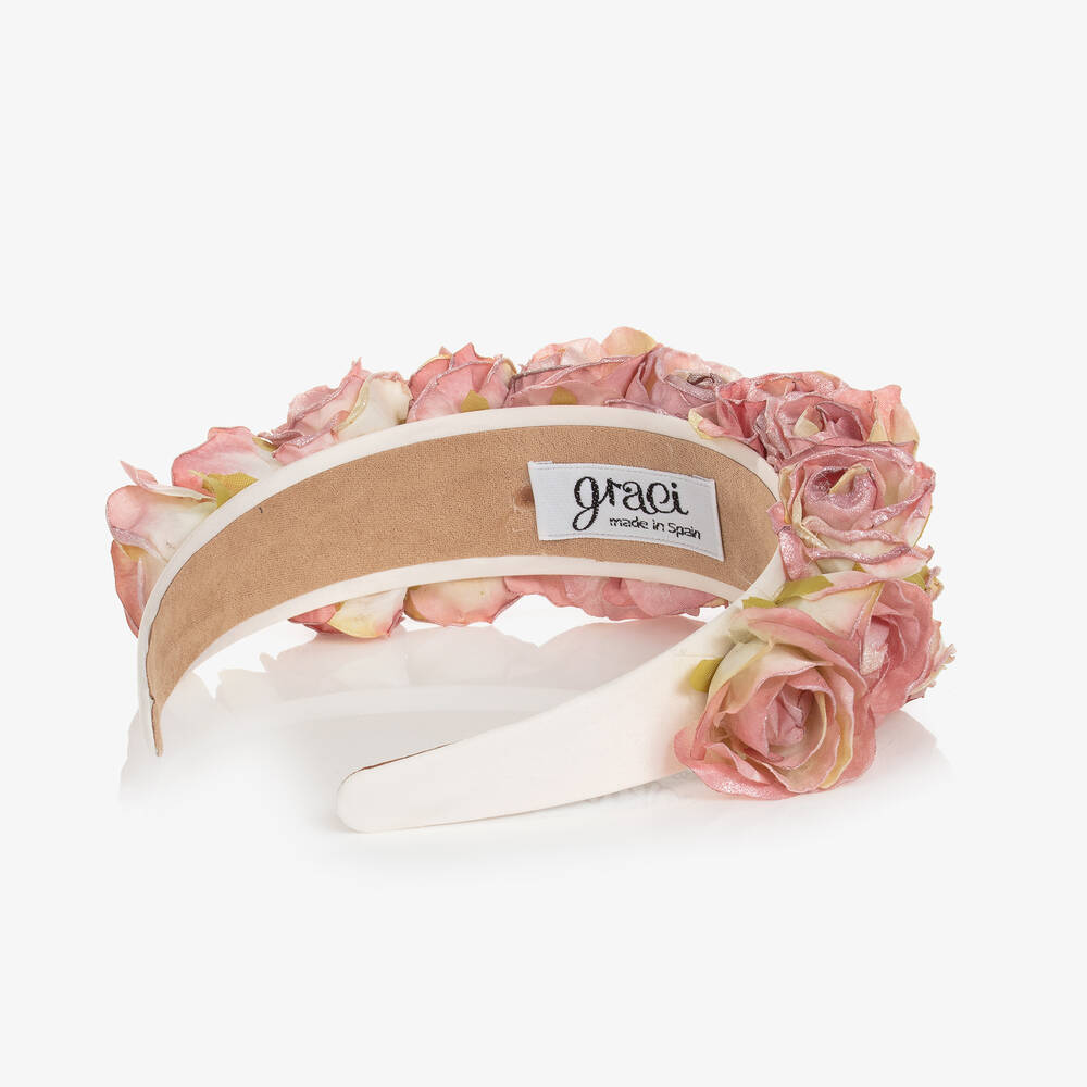 Graci-Girls Ivory & Pink Shimmer Rose Hairband | Childrensalon Outlet
