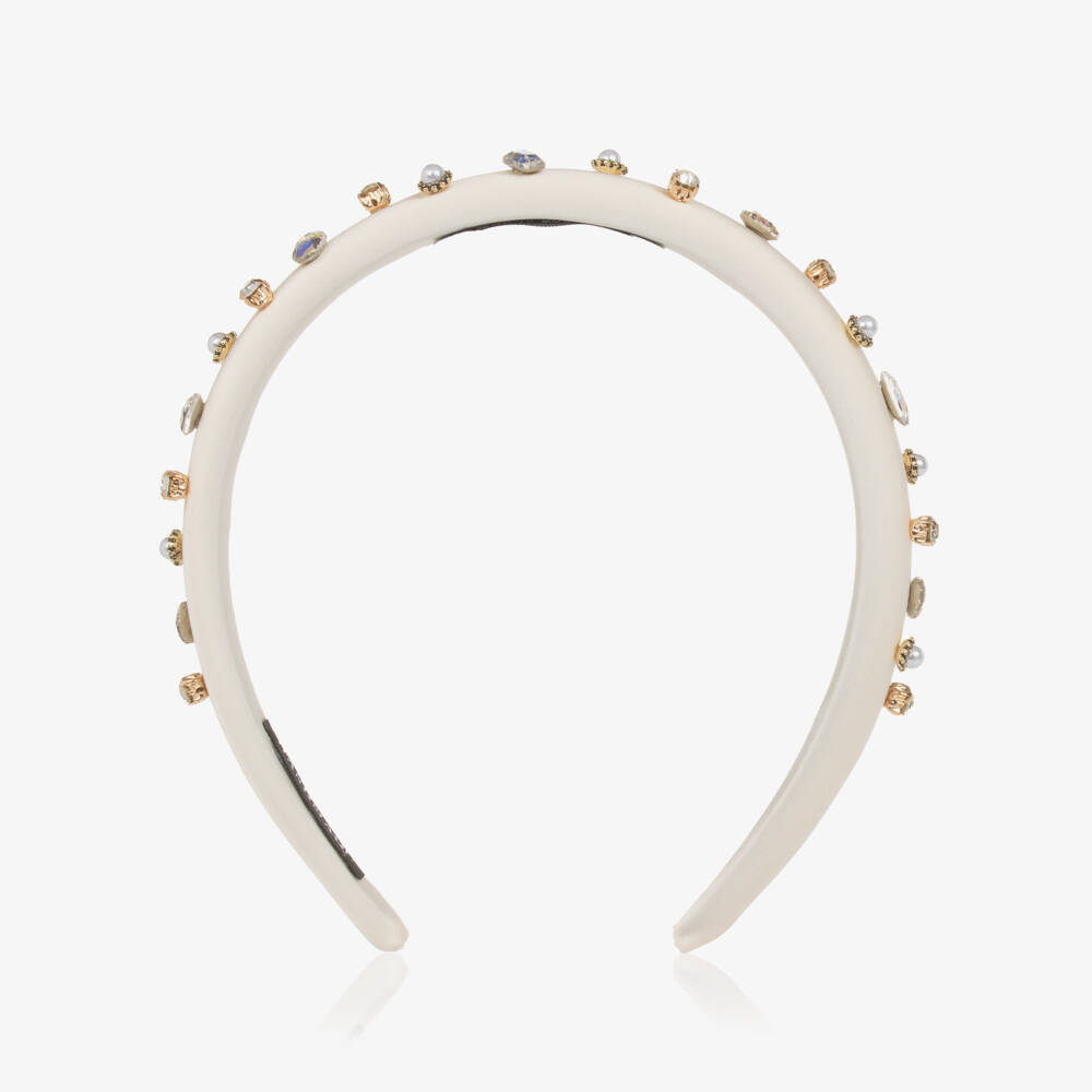 Graci-Girls Ivory Satin Gemstone Headband | Childrensalon Outlet
