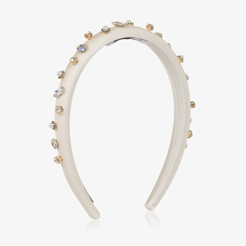 Graci-Girls Ivory Satin Gemstone Headband | Childrensalon Outlet