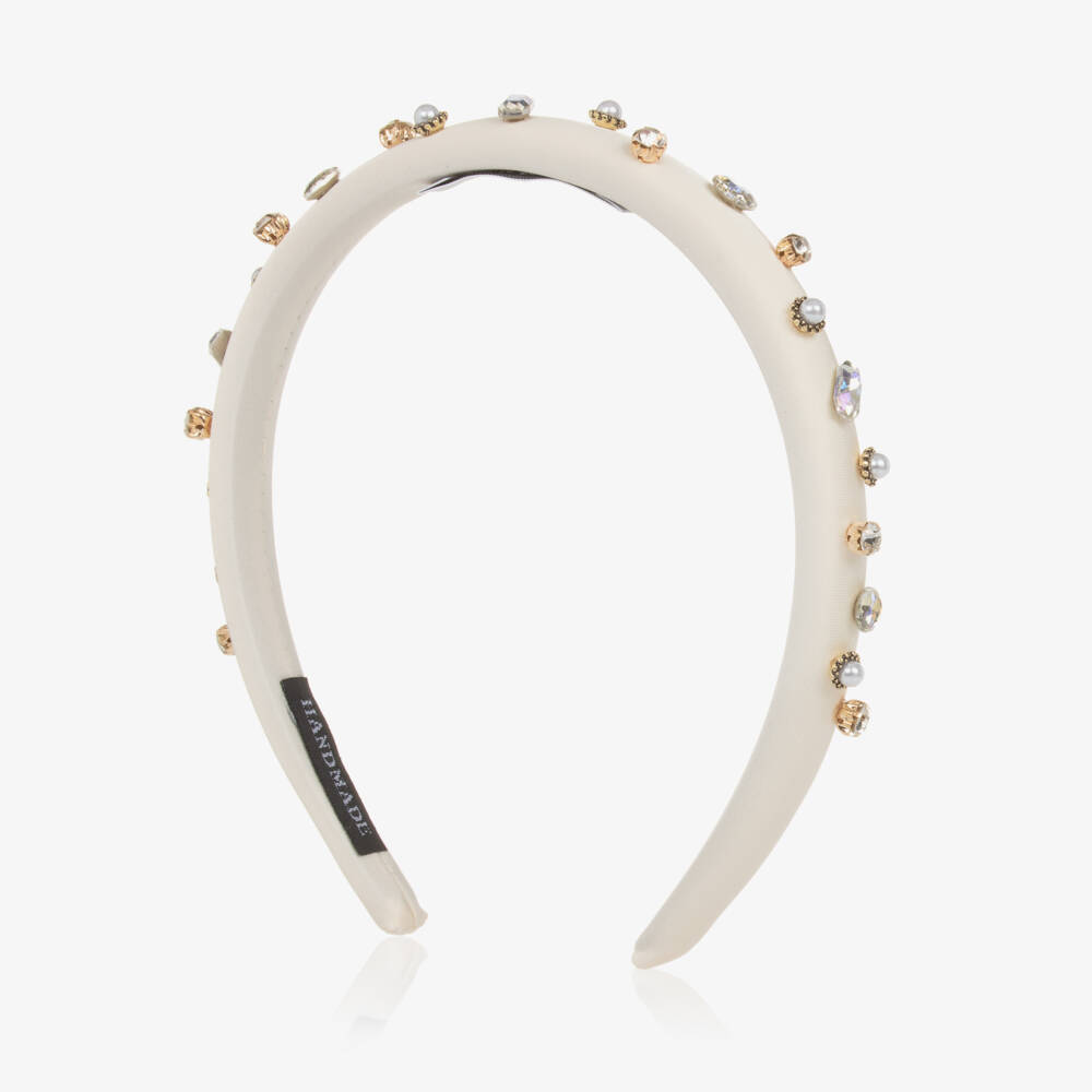 Graci-Girls Ivory Satin Gemstone Headband | Childrensalon Outlet