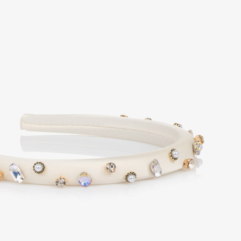Graci-Girls Ivory Satin Gemstone Headband | Childrensalon Outlet