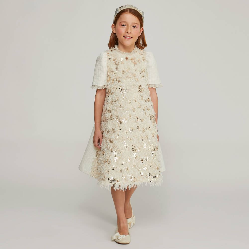 Graci-Girls Ivory Sequin Tweed Dress | Childrensalon Outlet