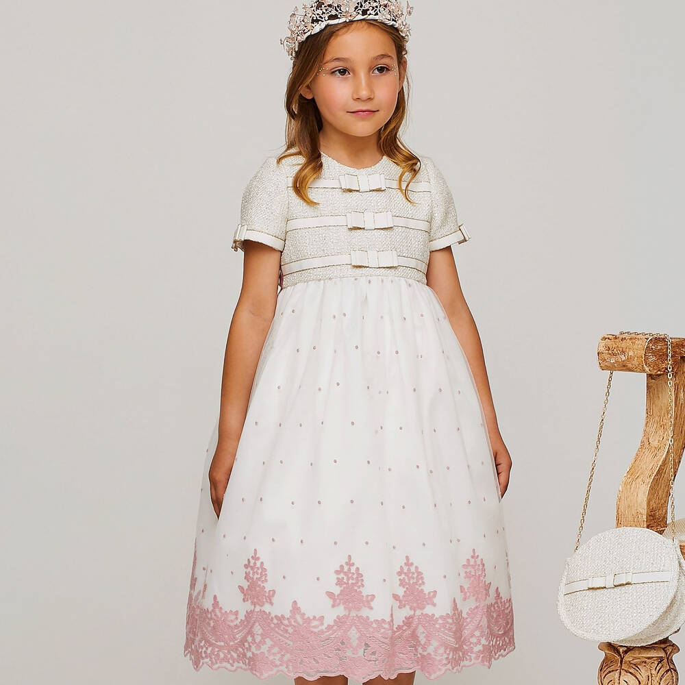 Graci-Кремовое платье из твида и тюля | Childrensalon Outlet