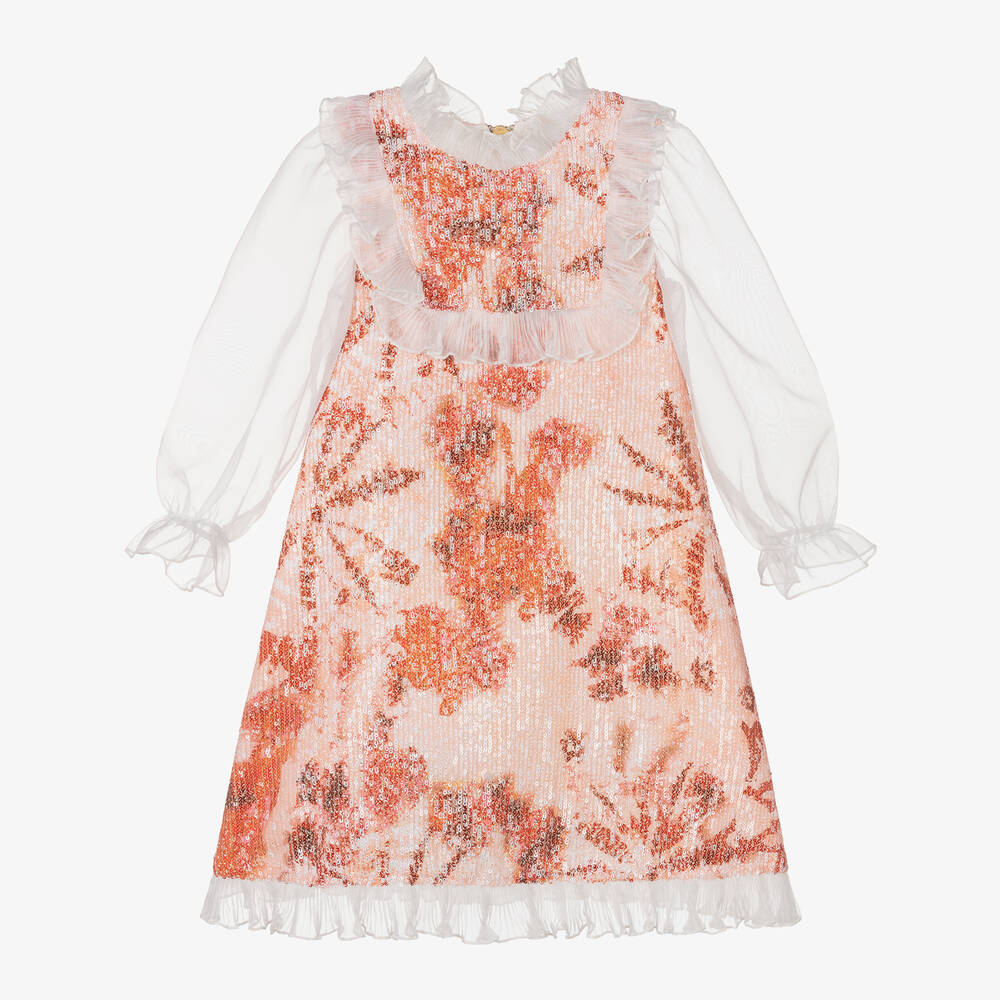 غراتسي-فستان أورغانزا لون برتقالي وأبيض مزين بترتر | Childrensalon Outlet
