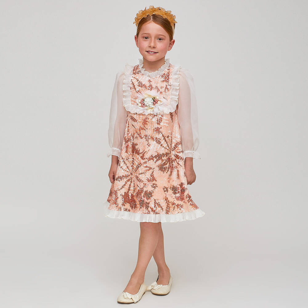 غراتسي-فستان أورغانزا لون برتقالي وأبيض مزين بترتر | Childrensalon Outlet