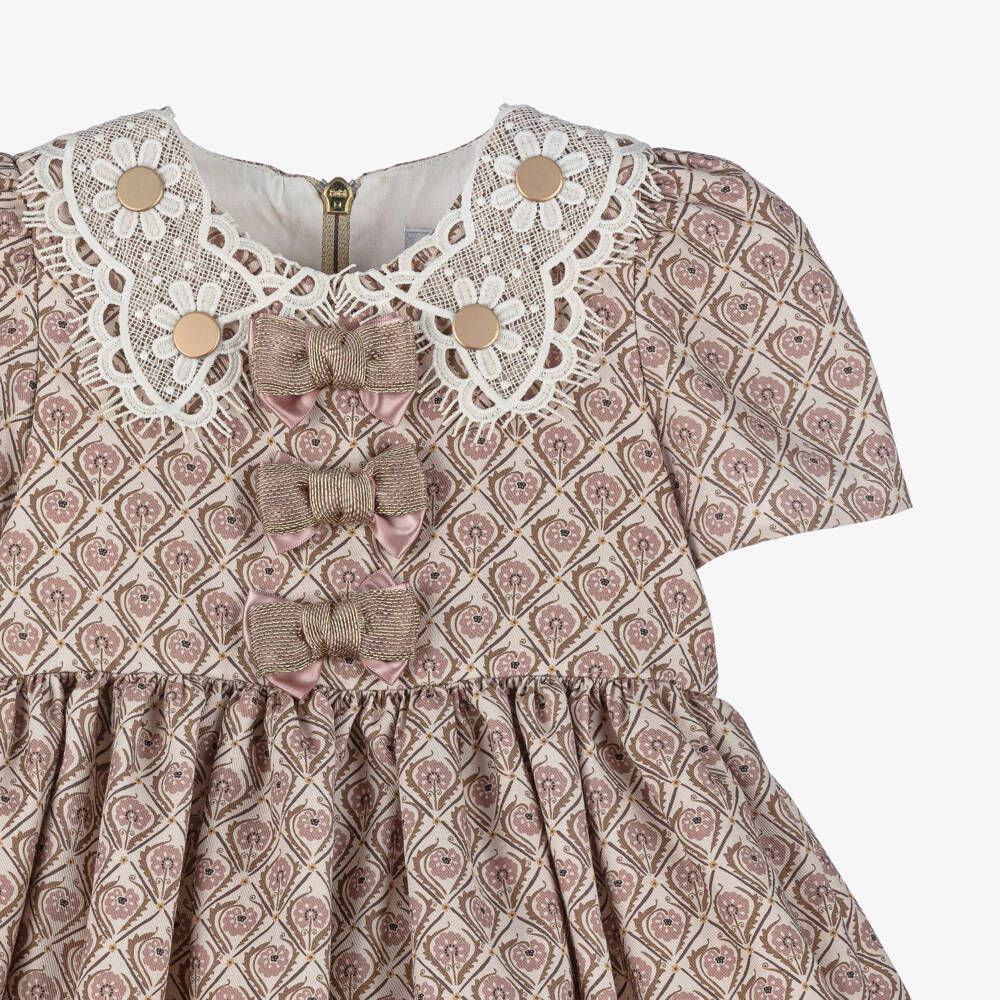 Graci-فستان بياقة دانتيل وطبعة ورود قطن لون زهري | Childrensalon Outlet