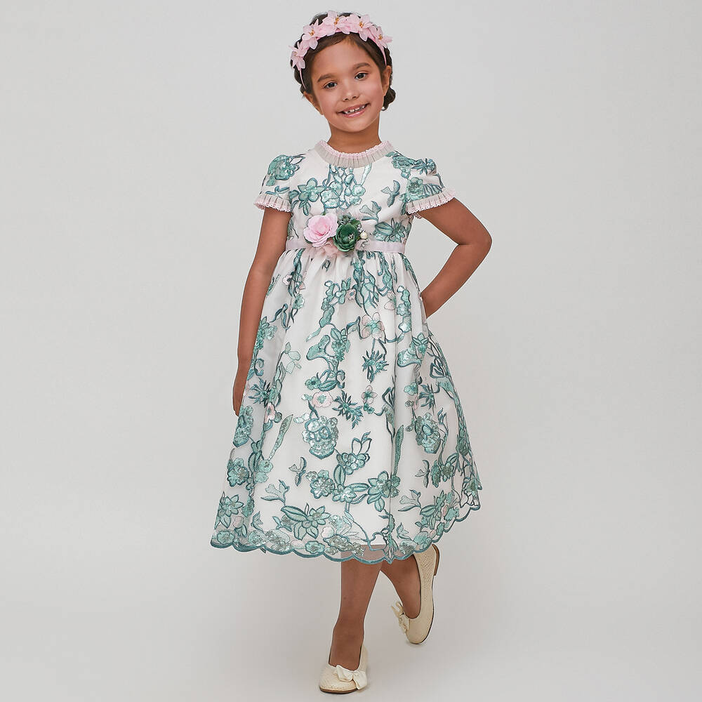Graci-Girls Pink & Green Tulle Floral Dress | Childrensalon Outlet