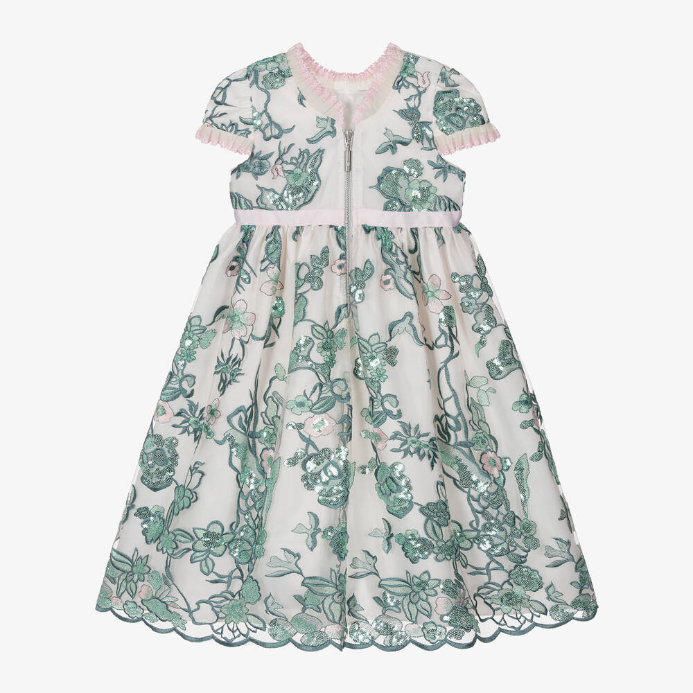 Graci-Girls Pink & Green Tulle Floral Dress | Childrensalon Outlet