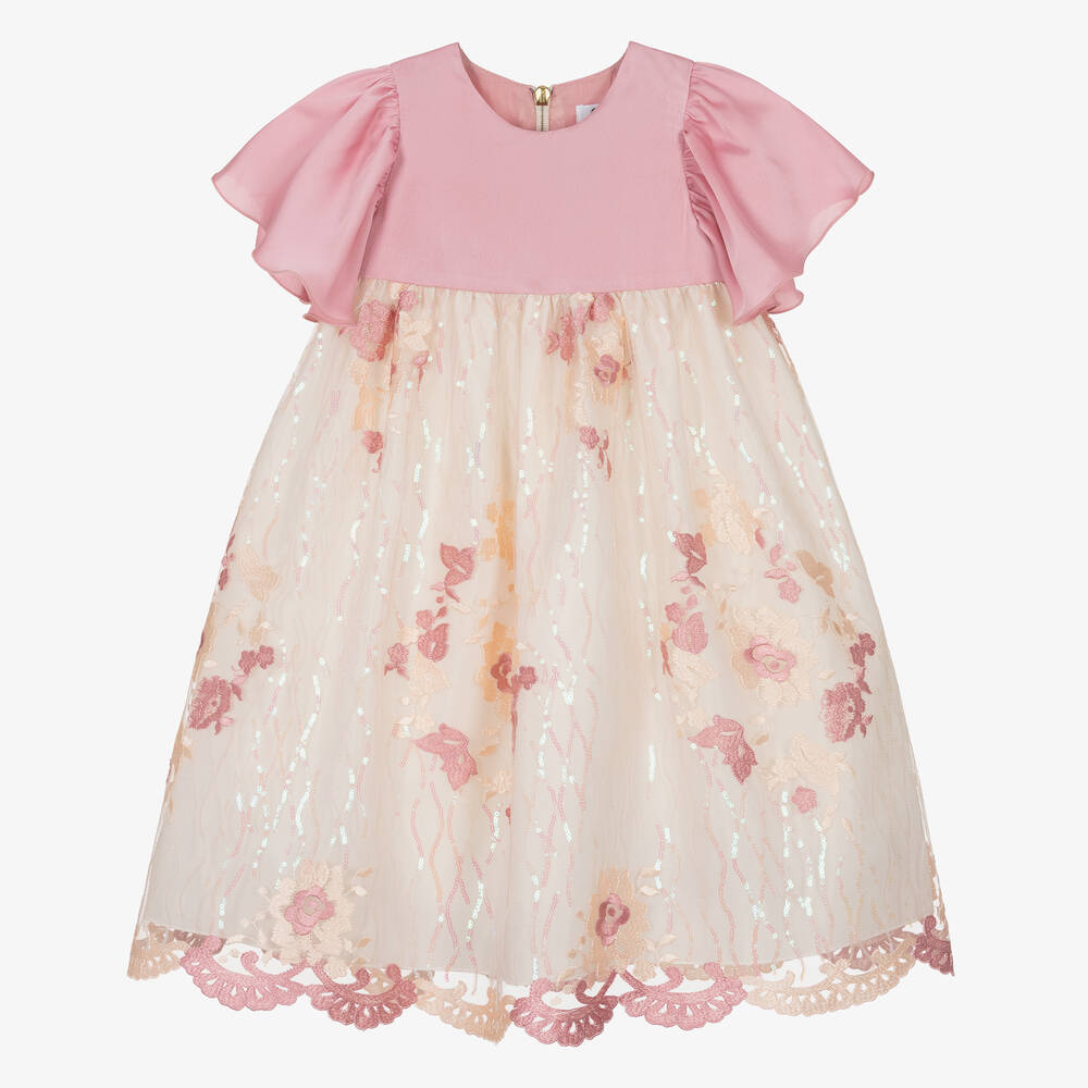 Graci-فستان ساتان ودانتيل مطرز لون زهري | Childrensalon Outlet