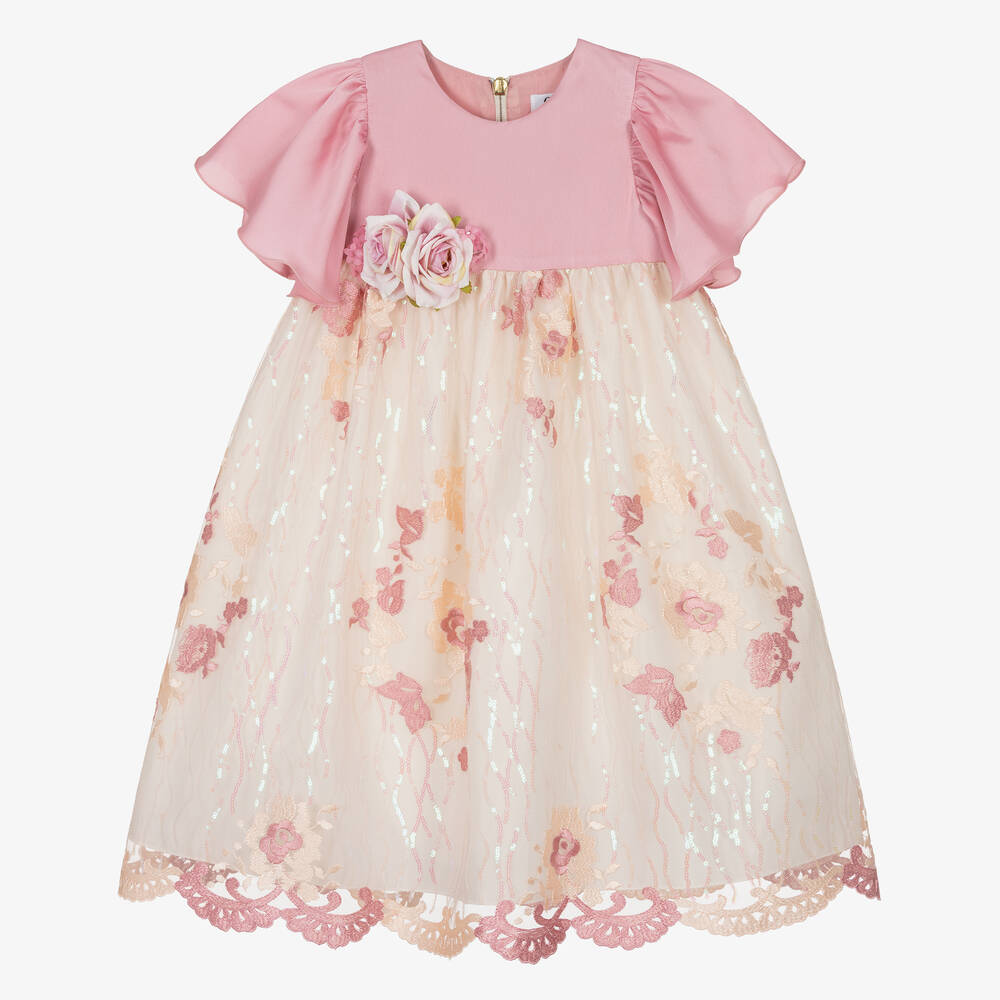 Graci - Розовое атласное платье с кружевом и вышивкой | Childrensalon