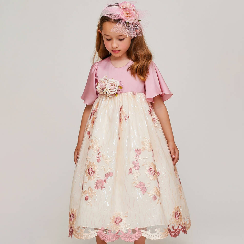 Graci-فستان ساتان ودانتيل مطرز لون زهري | Childrensalon Outlet