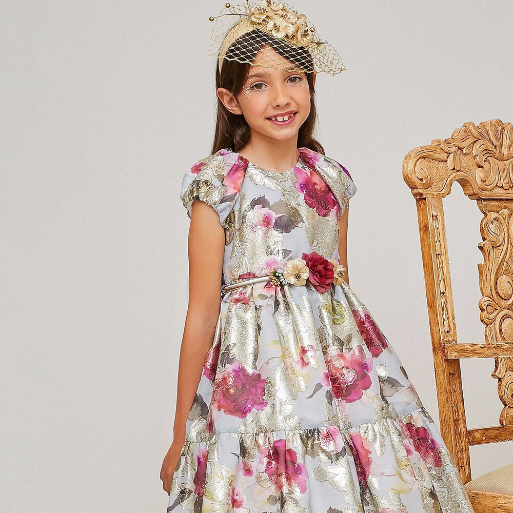 Graci-Серебристое жаккардовое платье с цветами для девочек | Childrensalon Outlet