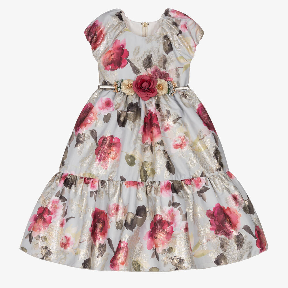 Graci - Girls Silver Floral Jacquard Dress | Childrensalon