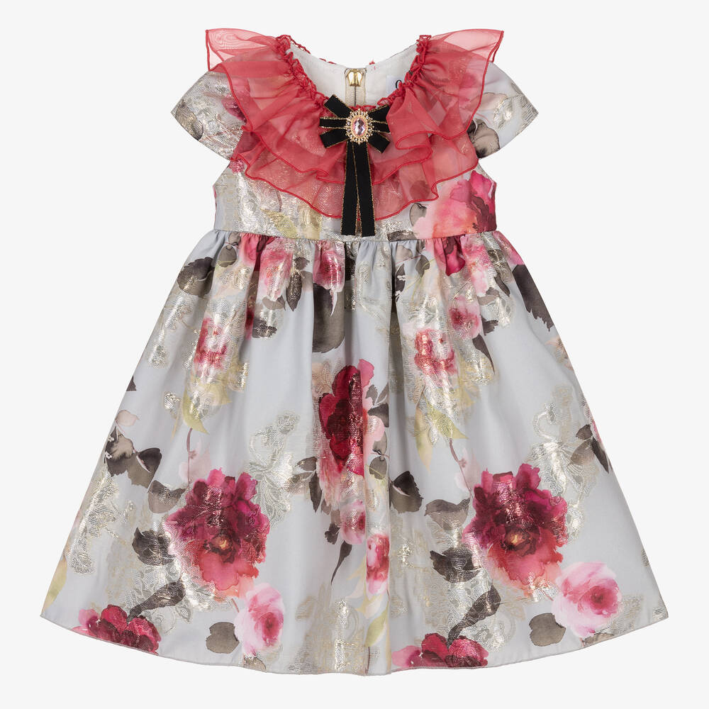 Graci - Girls Silver & Pink Floral Dress | Childrensalon