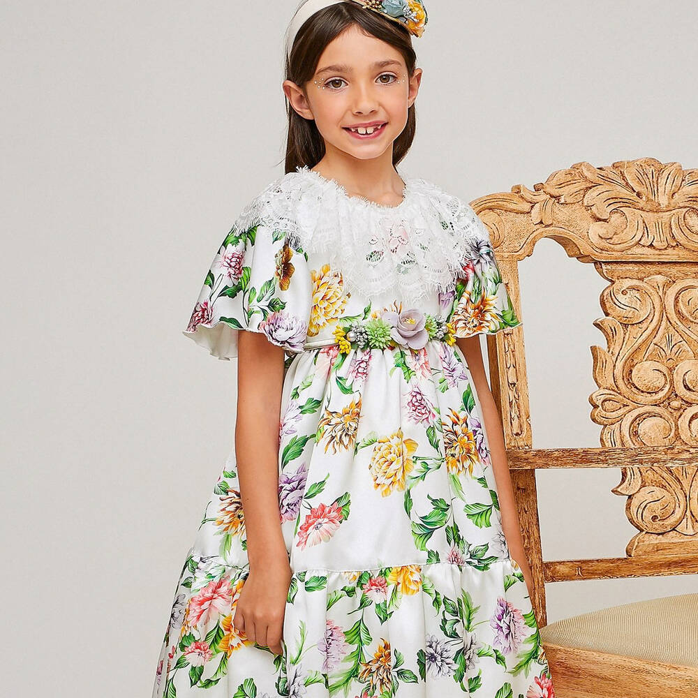 Graci-فستان ساتان لون أبيض بطبعة ورود | Childrensalon Outlet