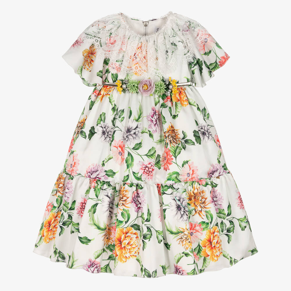 Graci - Girls White Floral Satin Dress | Childrensalon