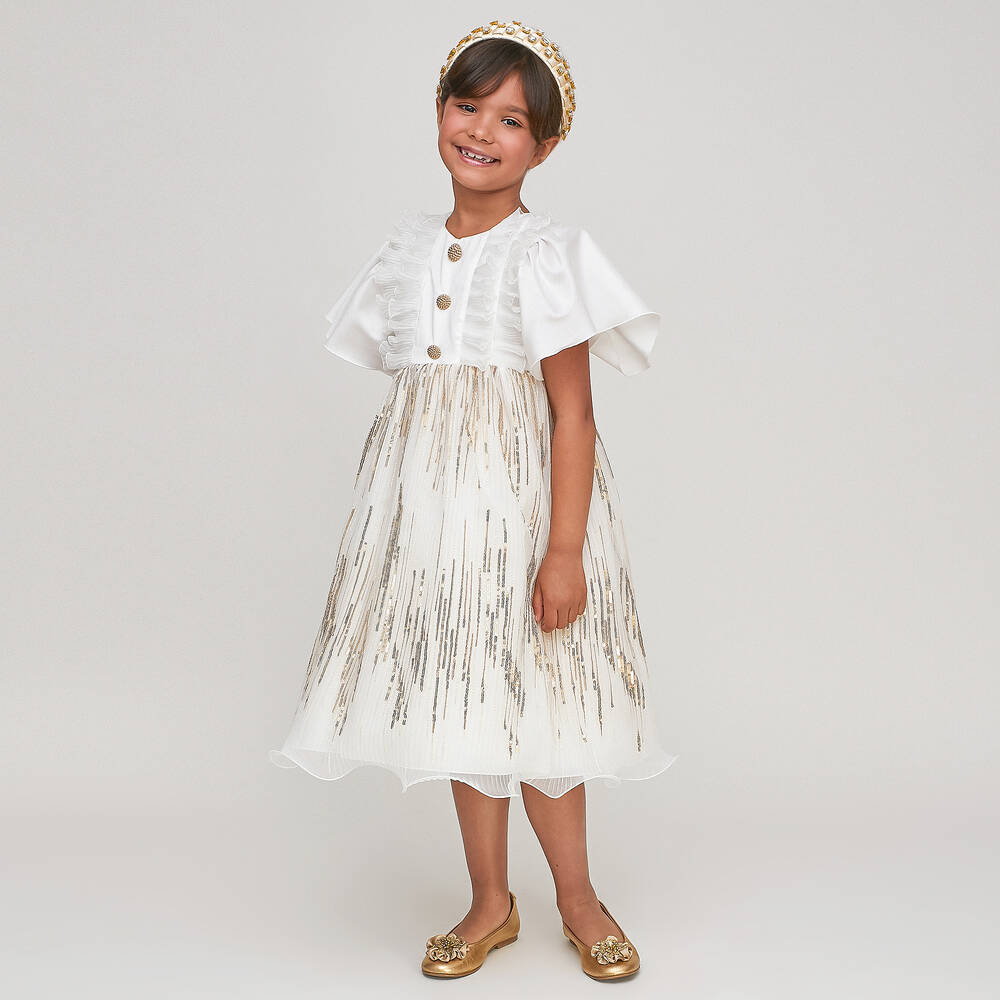 Graci-Girls White & Gold Sequin Dress | Childrensalon Outlet