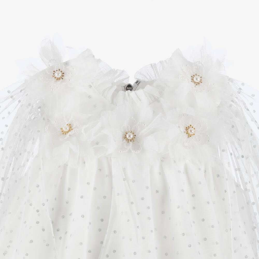 Graci-Girls White Tulle Dress with Silver Glitter Polka Dots | Childrensalon Outlet