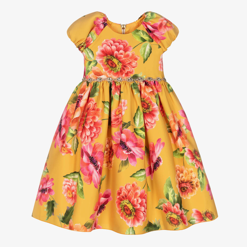 Graci - Girls Yellow Floral Diamanté Dress | Childrensalon