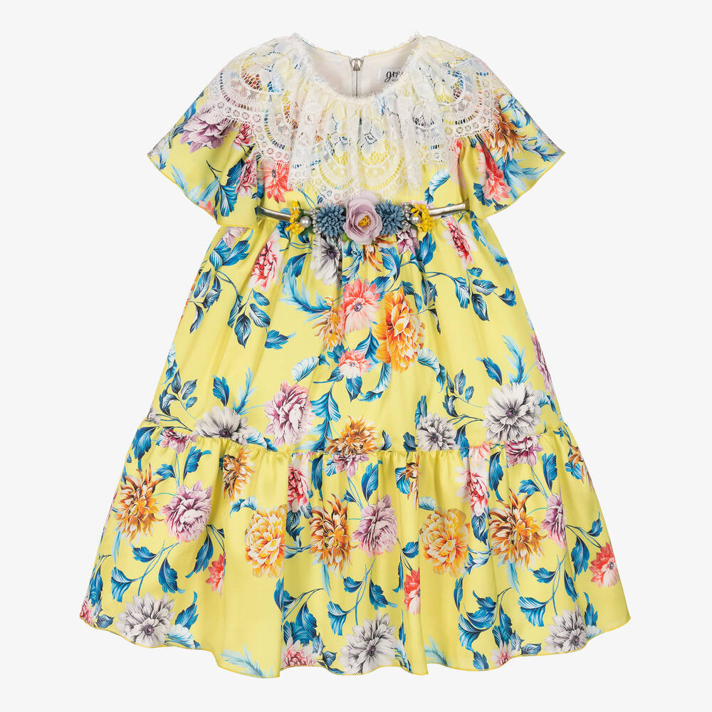 Graci - Girls Yellow Floral Satin Dress | Childrensalon