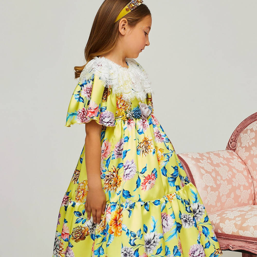 Graci-Желтое атласное платье с цветами | Childrensalon Outlet