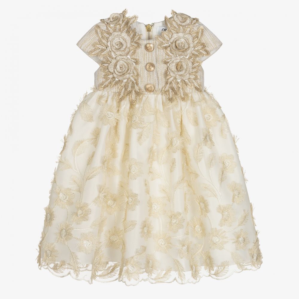 Graci - Goldenes Kleid mit Blumenstickerei  | Childrensalon