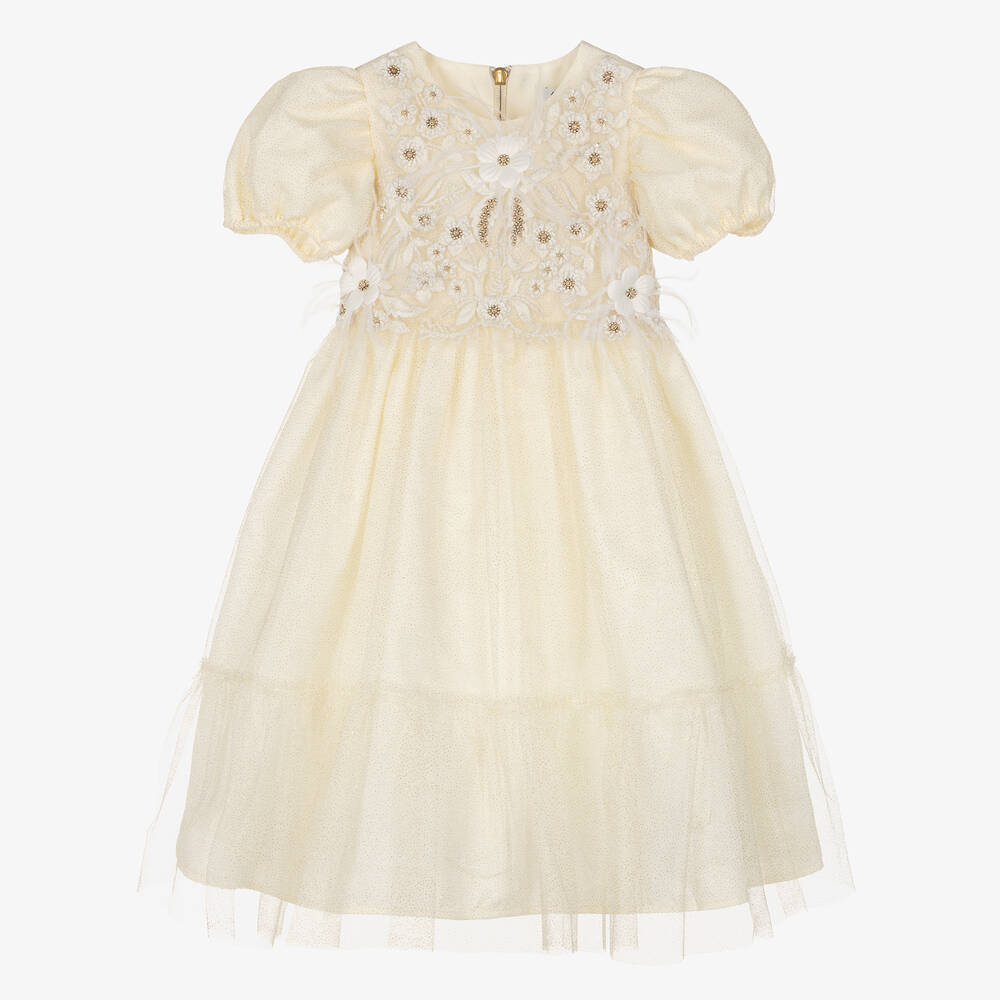 Graci - Кремовое платье из тюля с блестящей вышивкой  | Childrensalon