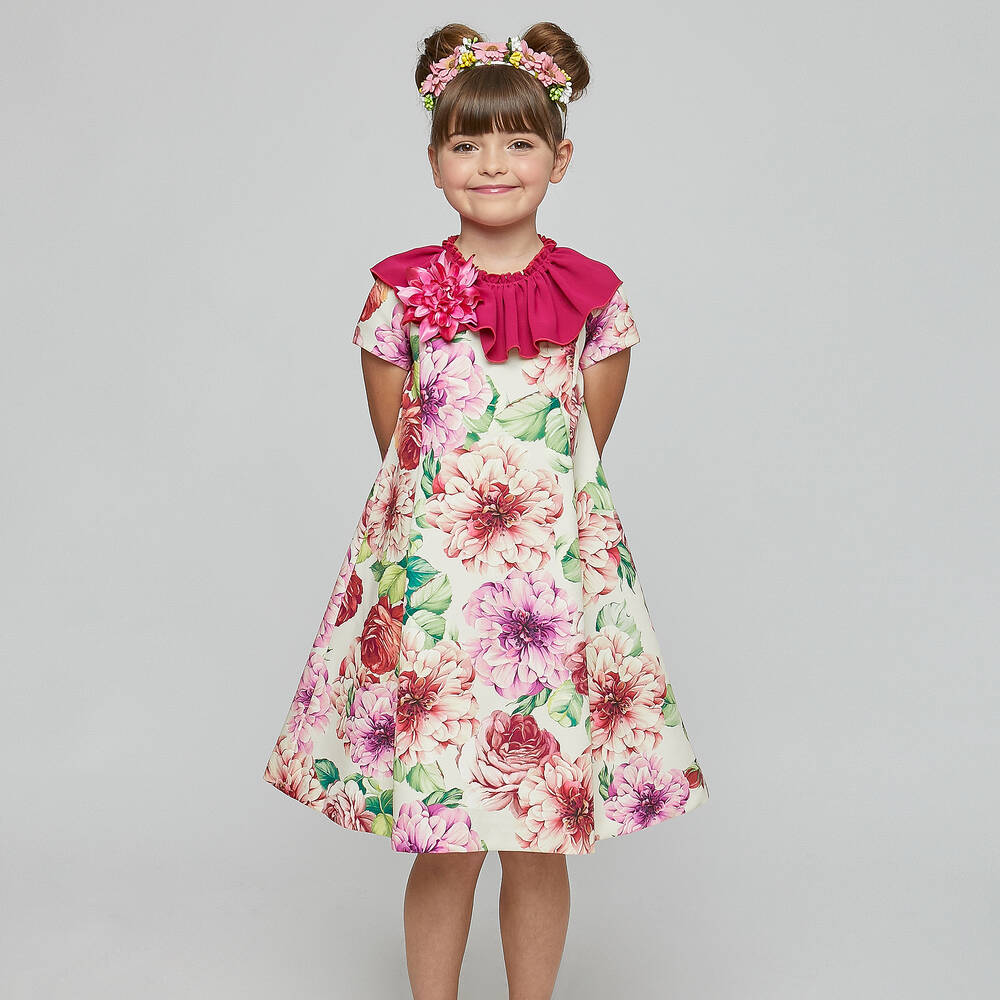 Graci-فستان قطن لون عاجي وزهري بطبعة ورود | Childrensalon Outlet