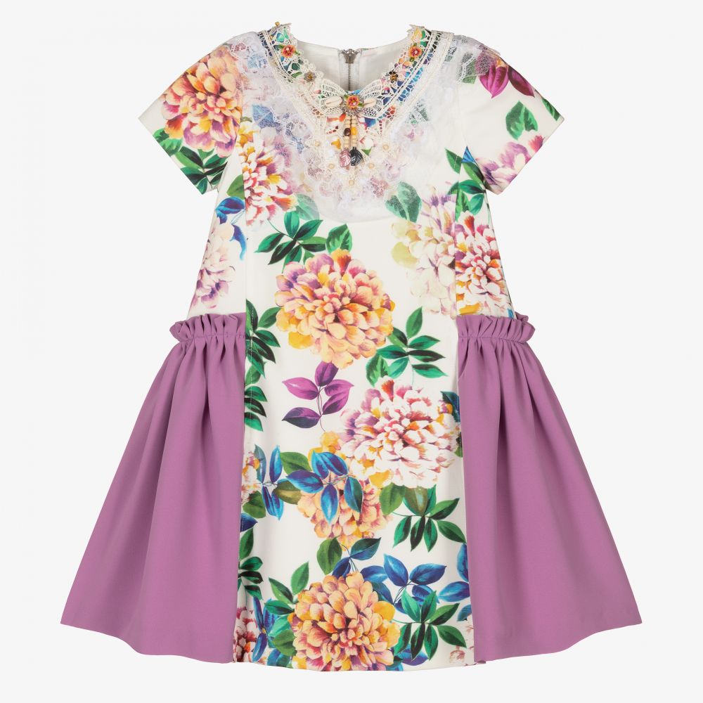 Graci - Robe ivoire/violette à fleurs | Childrensalon