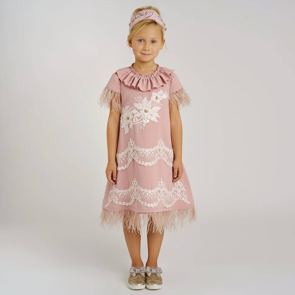 Graci-Pink Crêpe Feather Dress  | Childrensalon Outlet