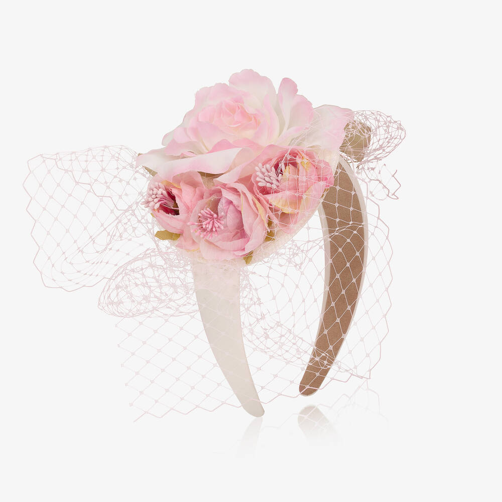 Graci - Бело-розовый ободок с цветком-вуалеткой | Childrensalon