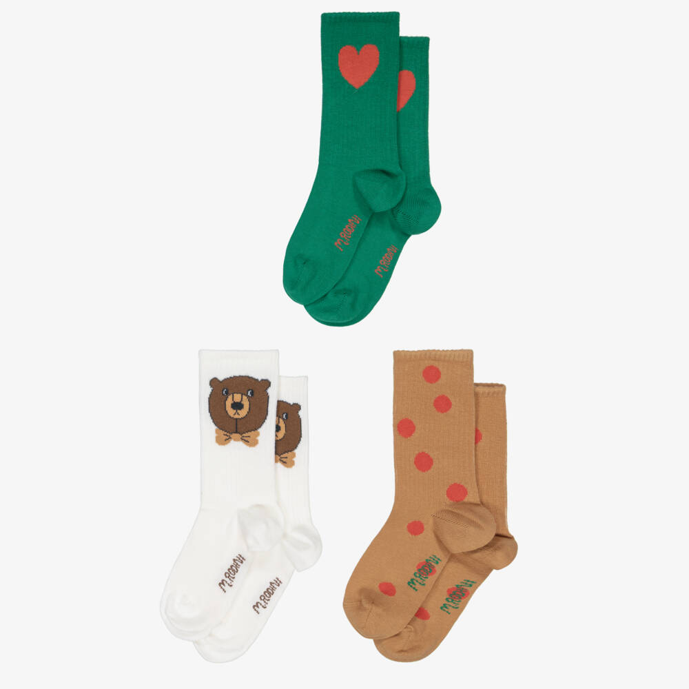 Mini Rodini-Green, Brown & White Cotton Socks (3 Pack) | Childrensalon Outlet
