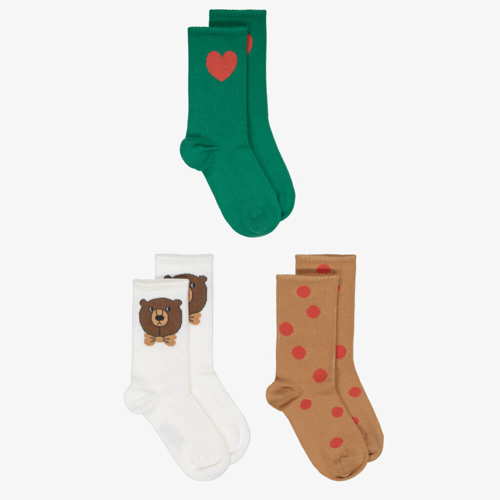 Mini Rodini-Green, Brown & White Cotton Socks (3 Pack) | Childrensalon Outlet