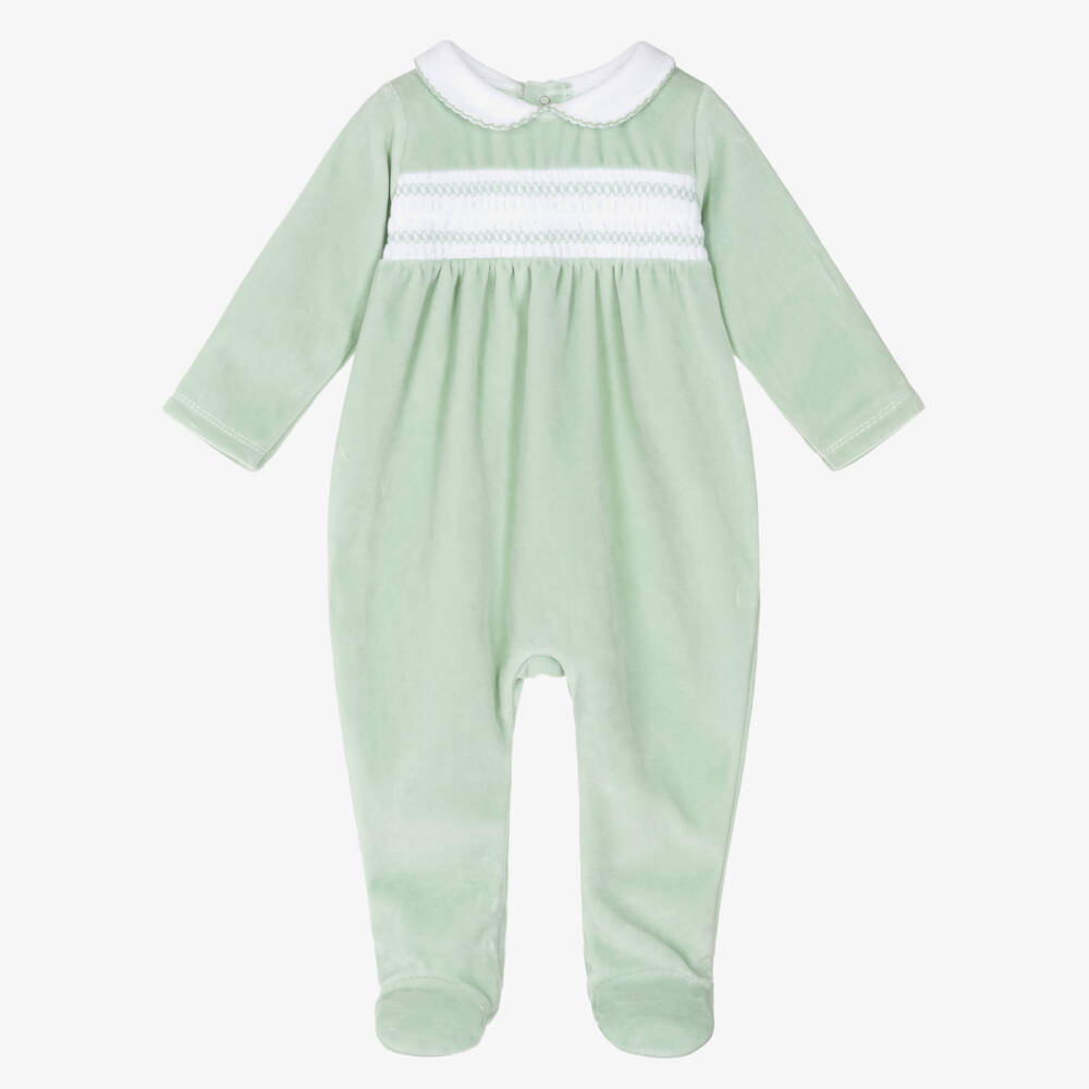 Babidu-Green Cotton Velour Babygrow with Smocked Panel | Childrensalon Outlet