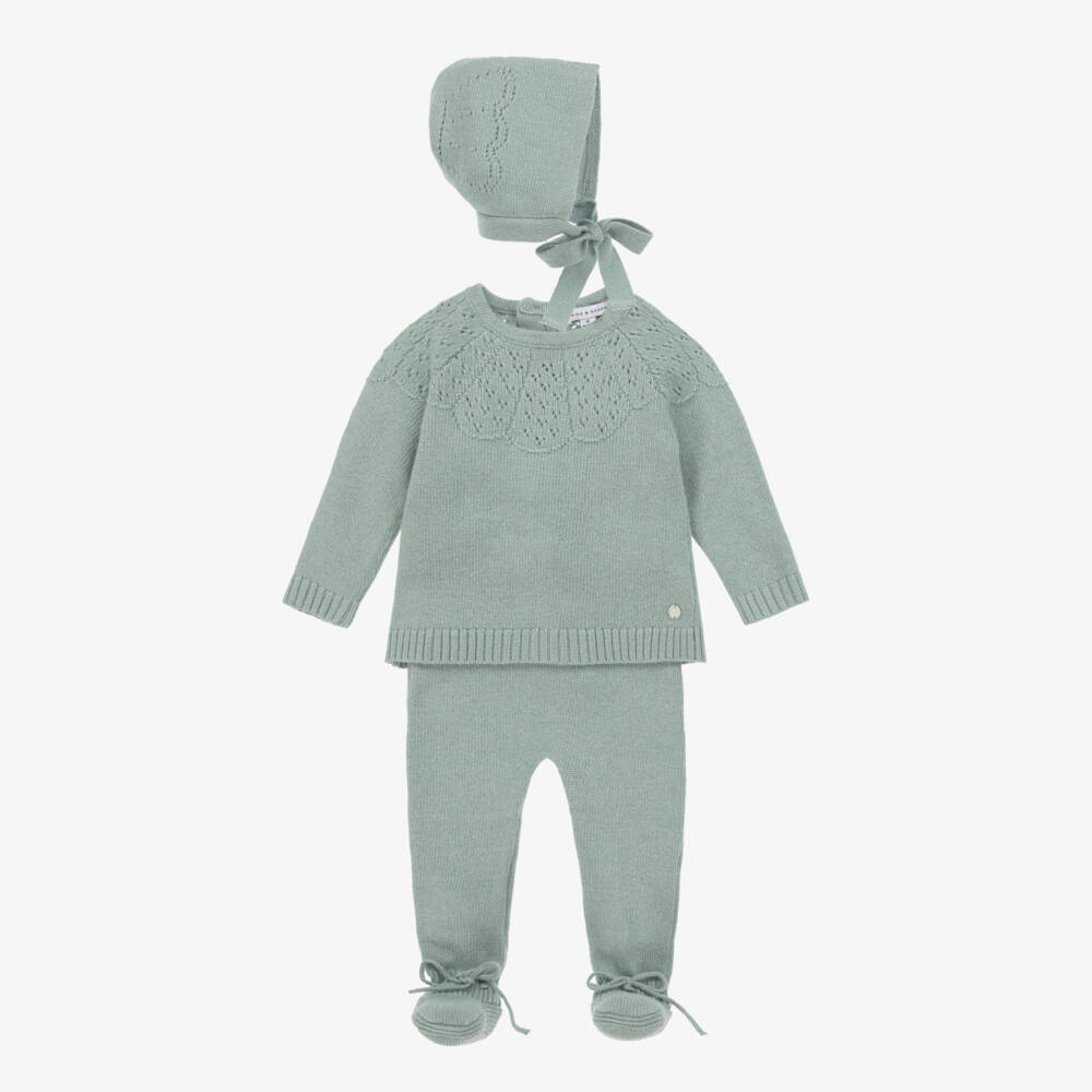 Beatrice & George-Green Knitted Babygrow Set with Wool & Cashmere | Childrensalon Outlet