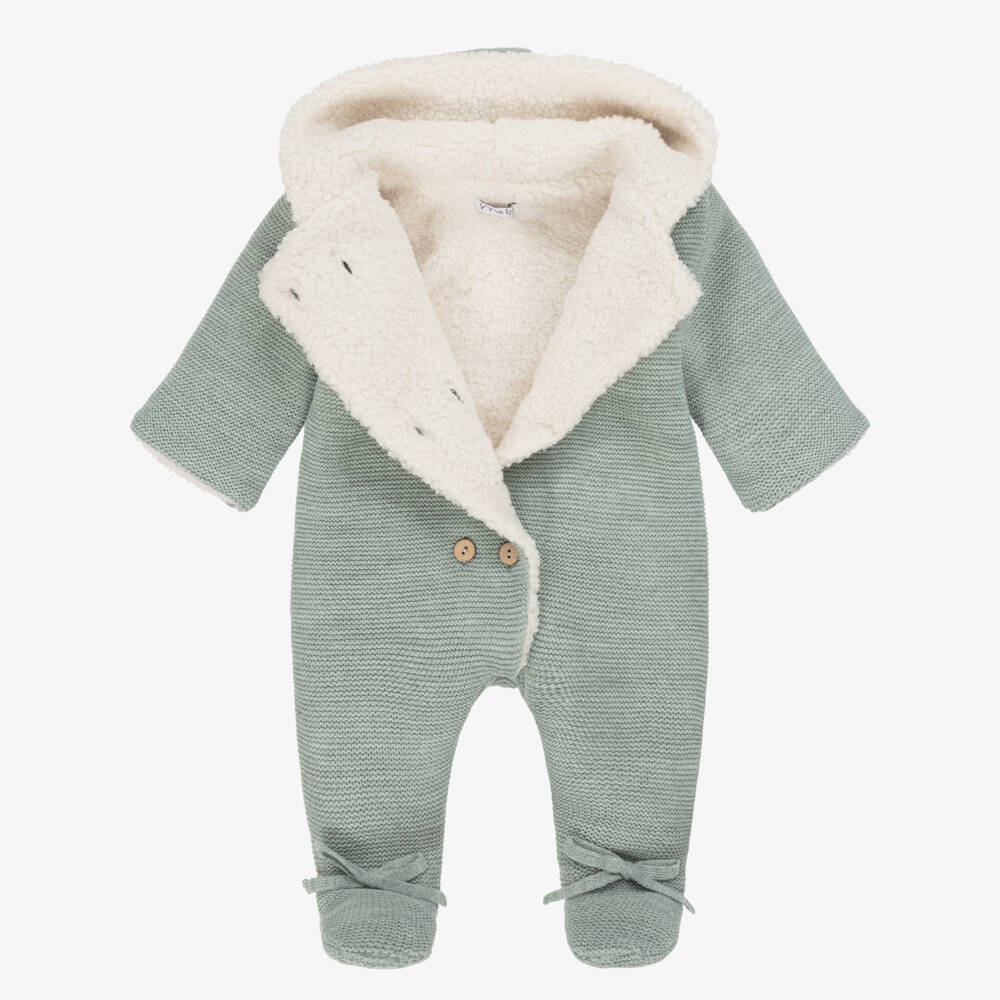 Mebi-Green Knitted Pramsuit with Sherpa Fleece | Childrensalon Outlet