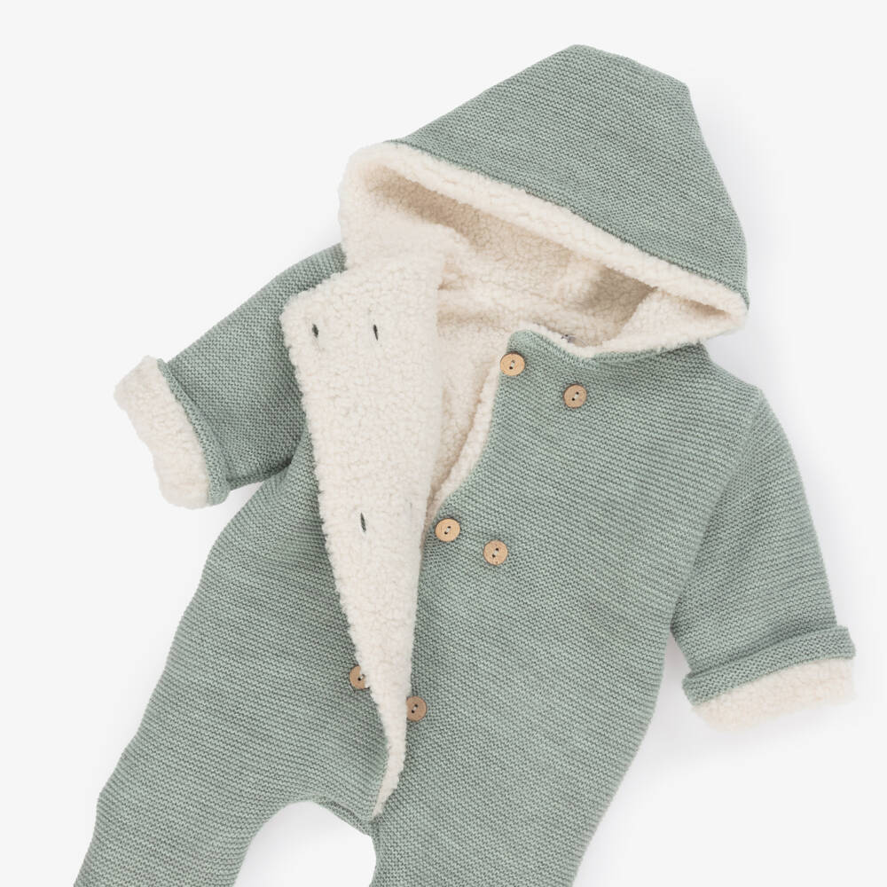 Mebi-Green Knitted Pramsuit with Sherpa Fleece | Childrensalon Outlet