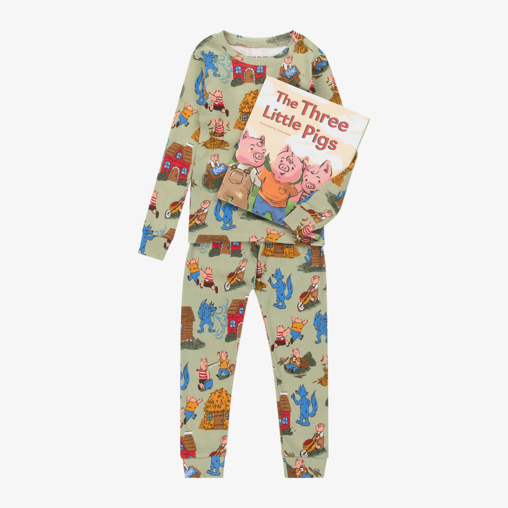 Books to Bed-Green Three Little Pigs Cotton Pyjamas & Book Set | Childrensalon Outlet