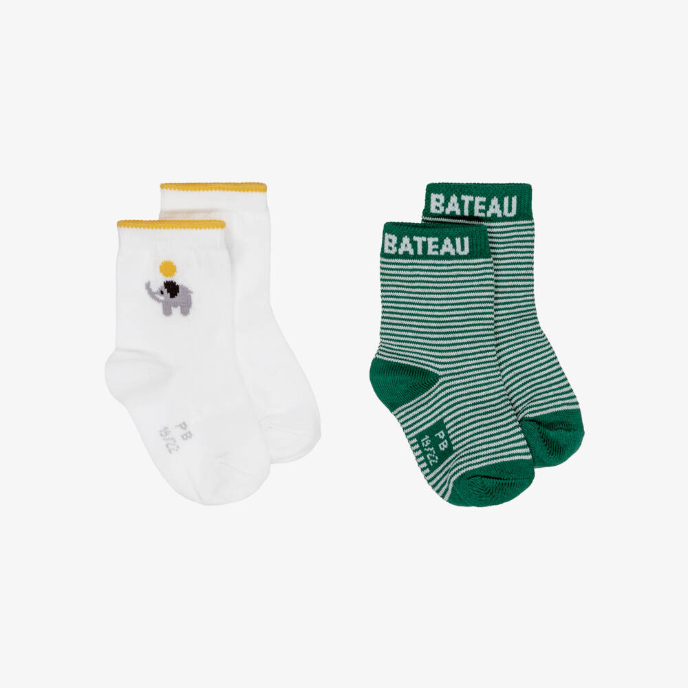 Petit Bateau-Green & White Cotton Socks (2 Pack) | Childrensalon Outlet