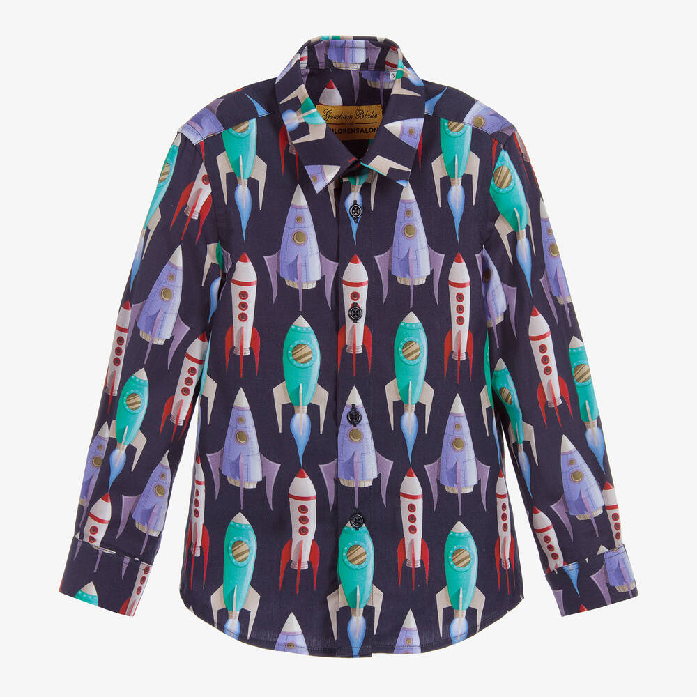 Gresham Blake for Childrensalon - Boys Cotton Rocket Print Shirt | Childrensalon