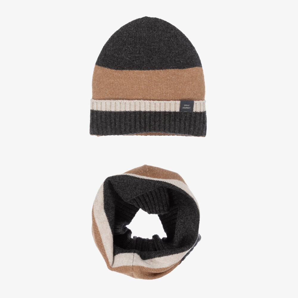 Mayoral-Grey & Beige Cotton Knit Hat & Snood Set | Childrensalon Outlet