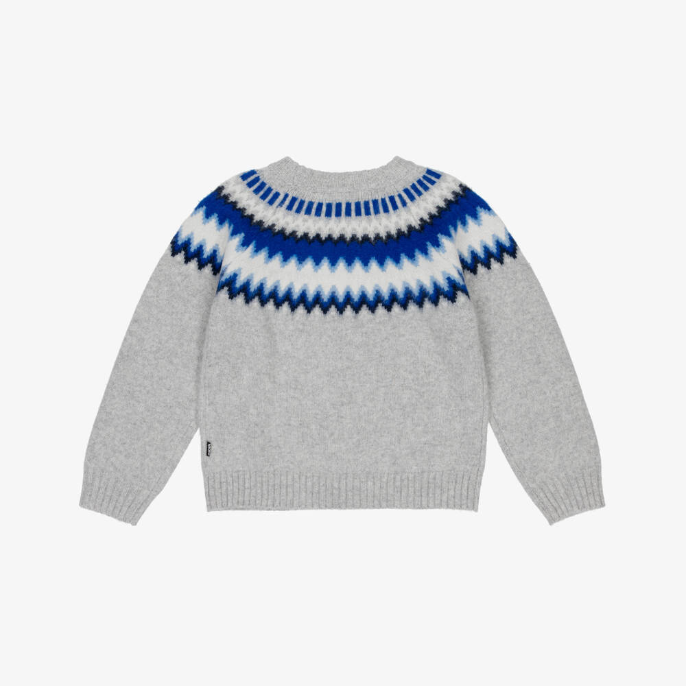 Molo-Grey & Blue Wool Knit Fair Isle Sweater | Childrensalon Outlet
