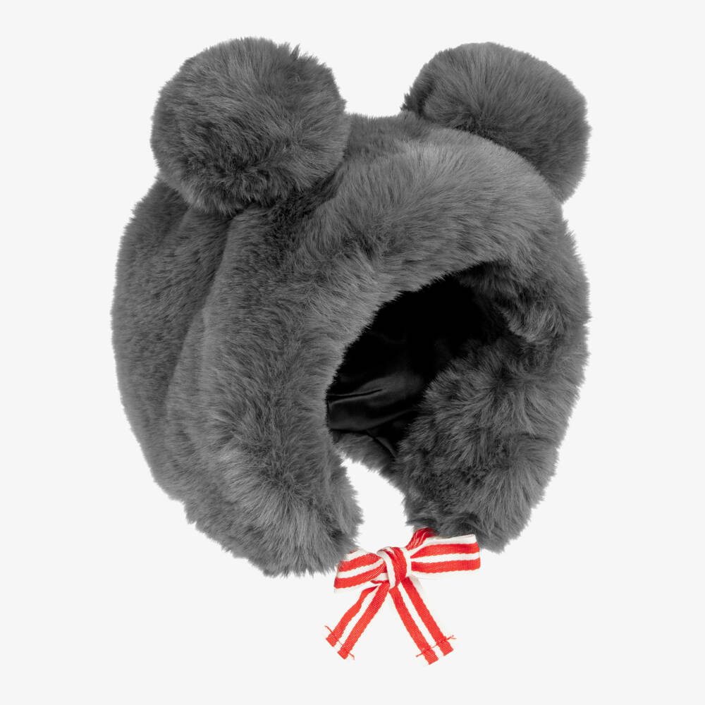 Mini Rodini-Grey Faux Fur Hat with Bear Ears | Childrensalon Outlet