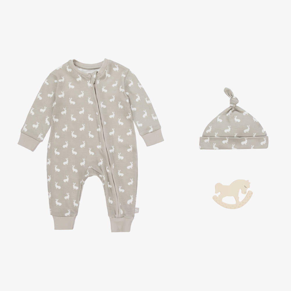 The Little Tailor-Grey Hare Print Cotton Babysuit Set | Childrensalon Outlet
