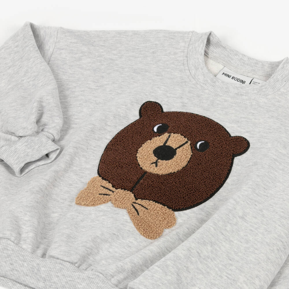 Mini Rodini-Grey Marl Cotton Sweatshirt with Brown Bouclé Bear Appliqué | Childrensalon Outlet