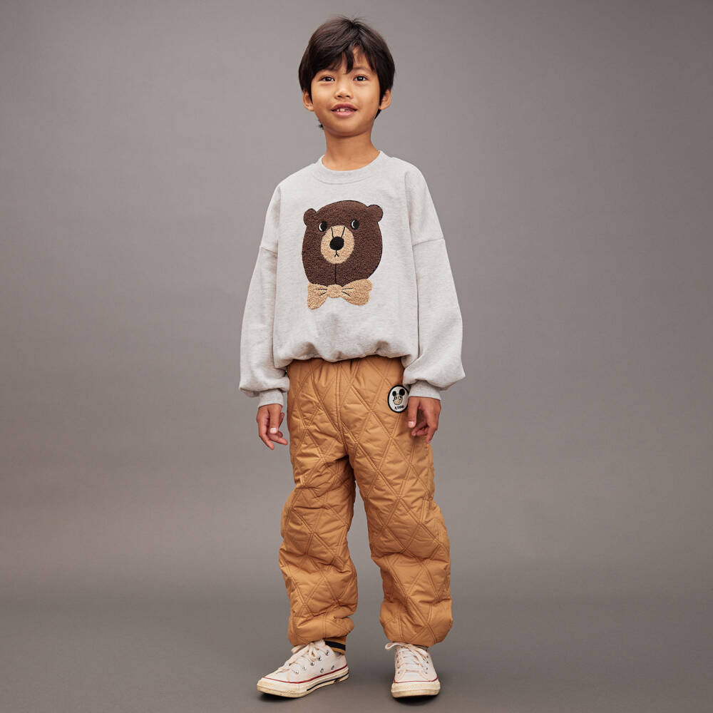 Mini Rodini-Grey Marl Cotton Sweatshirt with Brown Bouclé Bear Appliqué | Childrensalon Outlet