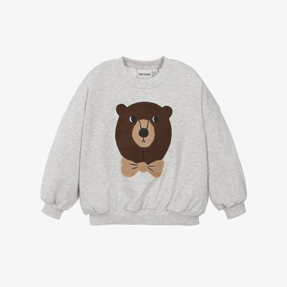 Mini Rodini-Grey Marl Cotton Sweatshirt with Brown Bouclé Bear Appliqué | Childrensalon Outlet