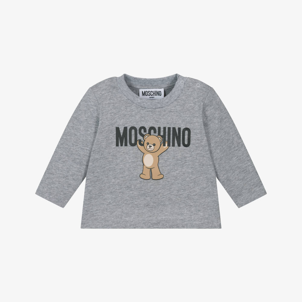 Moschino-Grey Marl Cotton Teddy Bear Logo Top | Childrensalon Outlet