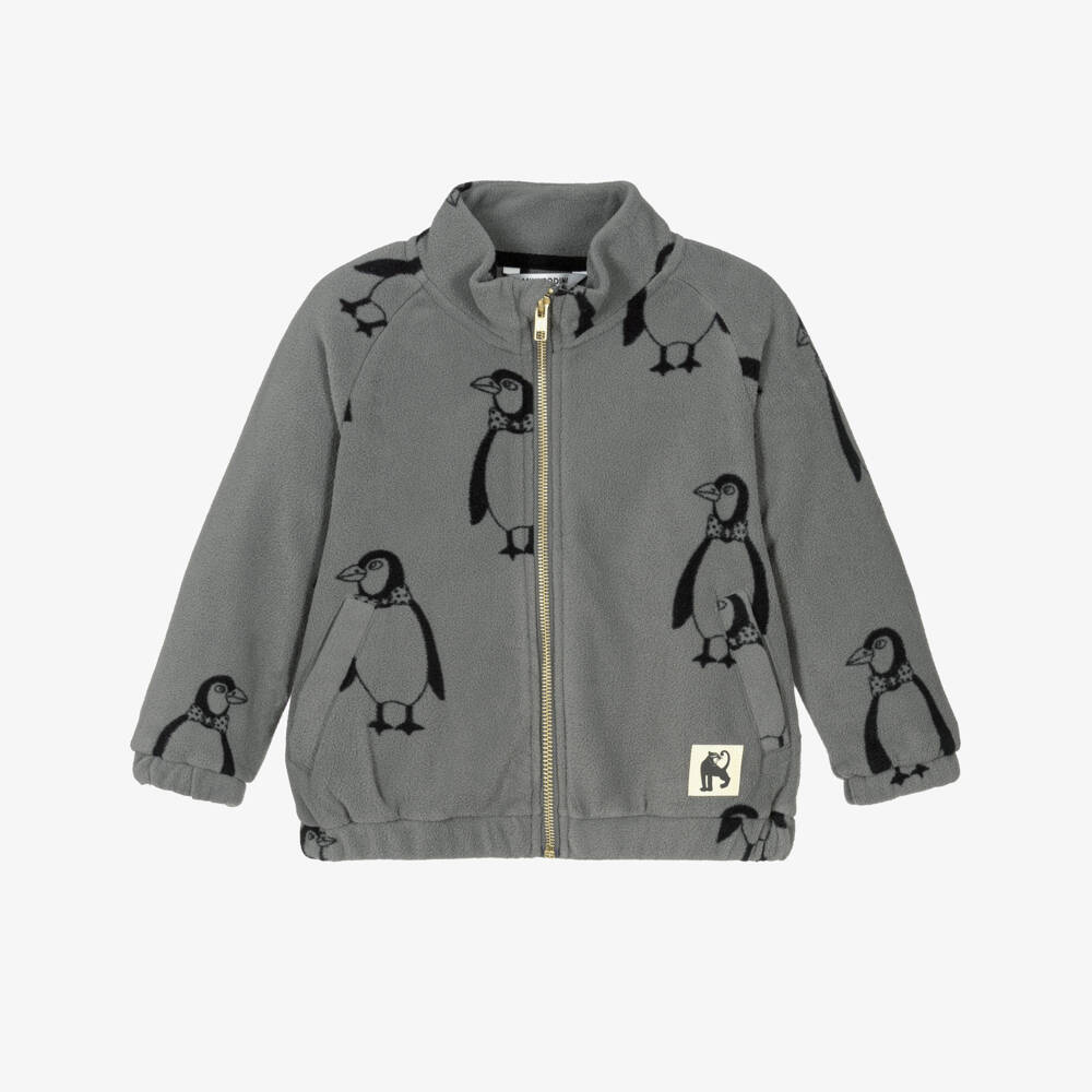 Mini Rodini-Grey Penguin Print Polar Fleece Zip-Up Top | Childrensalon Outlet